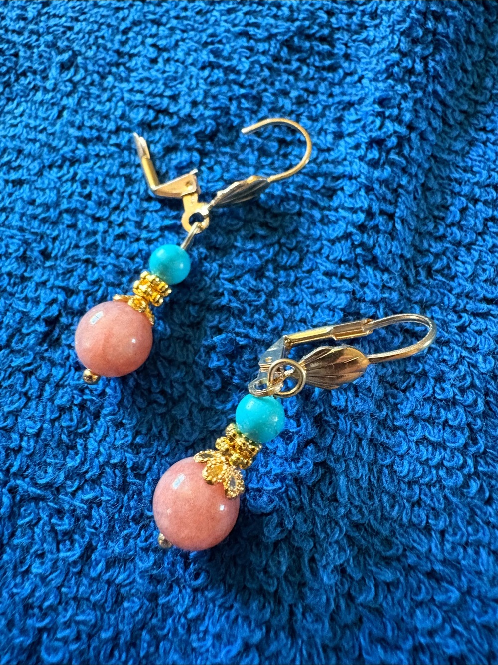 Handcrafted Pink and Turquoise Bead Drop Earrings - Gold Accents